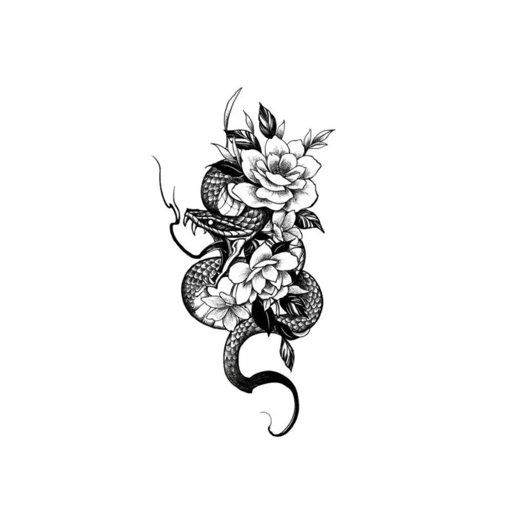 Black and white flower snake temporary tattoo sticker with coiled snake and roses design