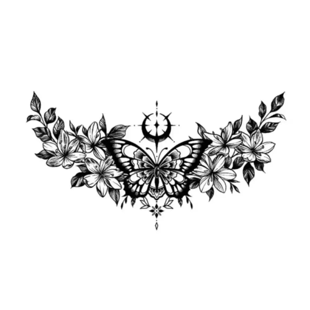 Flowered butterfly tattoo sticker with floral and celestial elements, 15x6cm temporary design