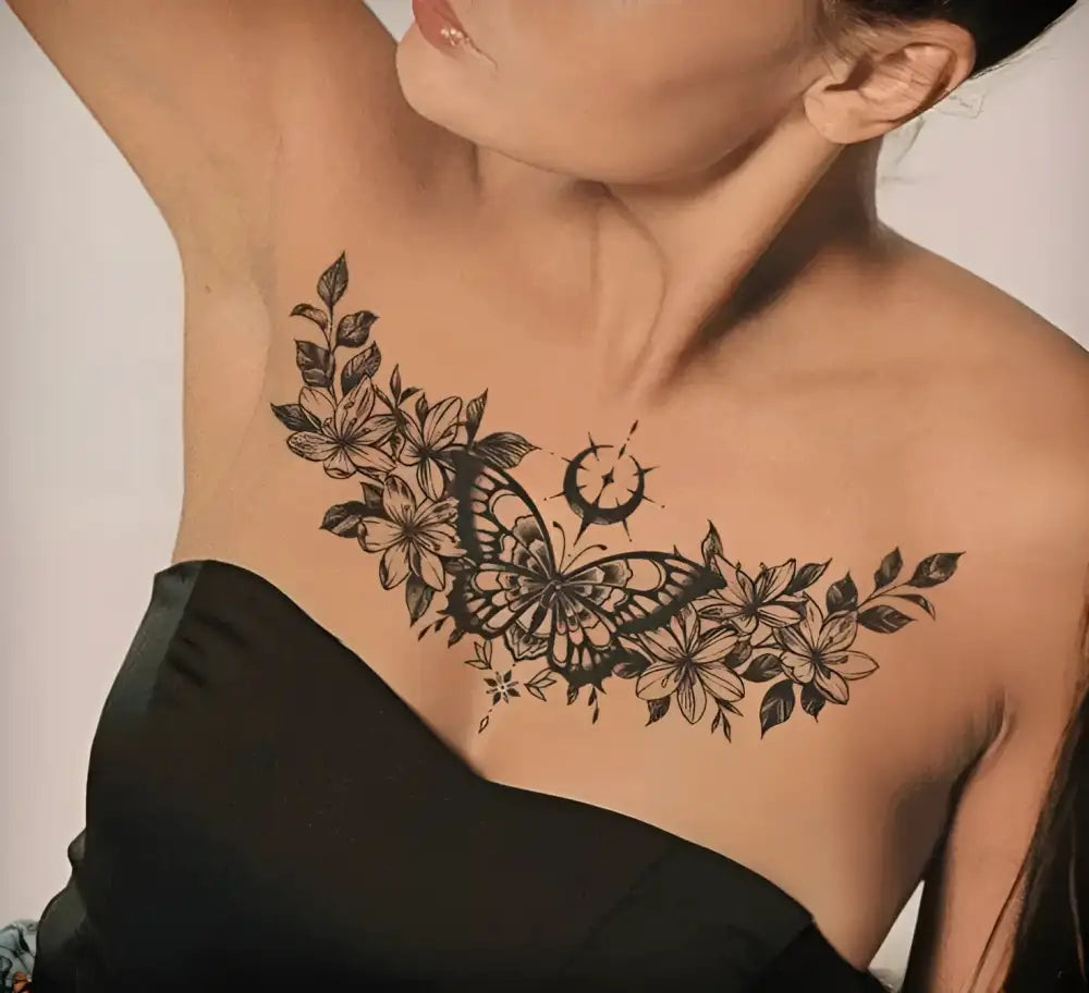 Black flowered butterfly temporary tattoo sticker on chest, 15x6cm