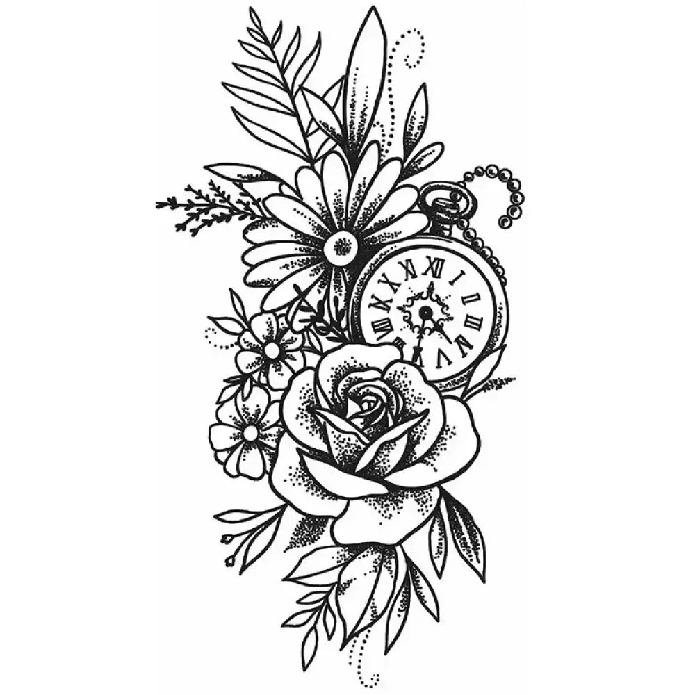 Black and white floral pocket watch tattoo design with rose and daisy