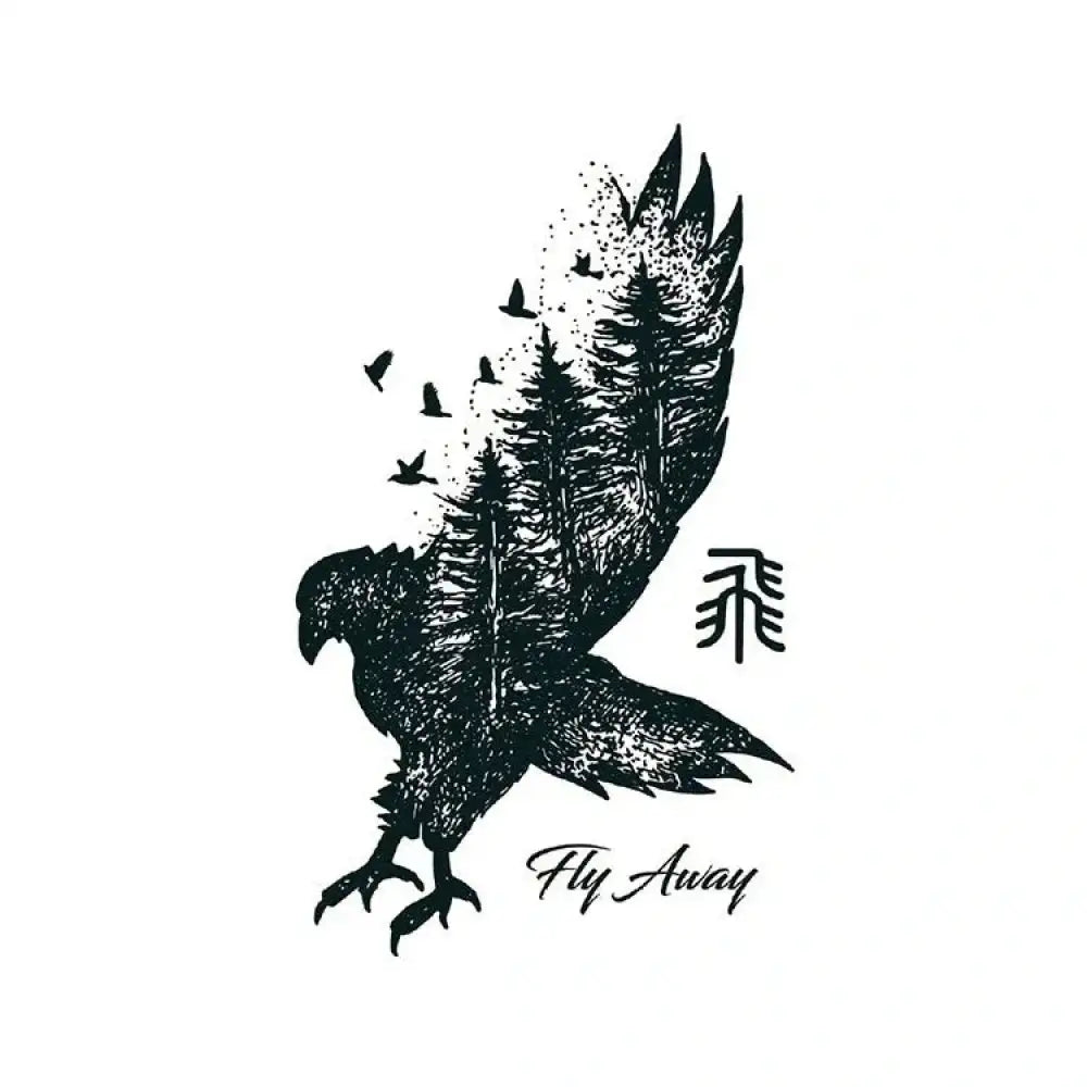Black eagle silhouette tattoo sticker with forest and birds design