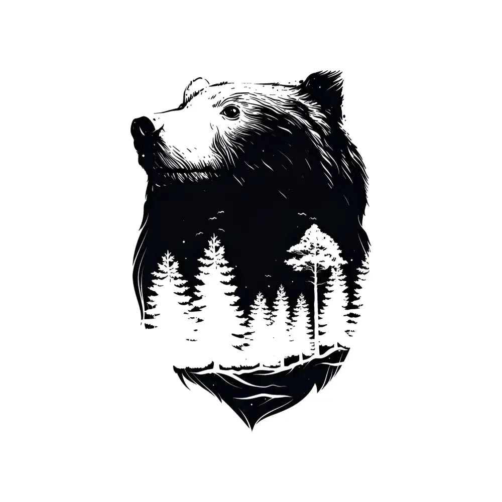 Monochrome forest bear head with negative space landscape tattoo sticker