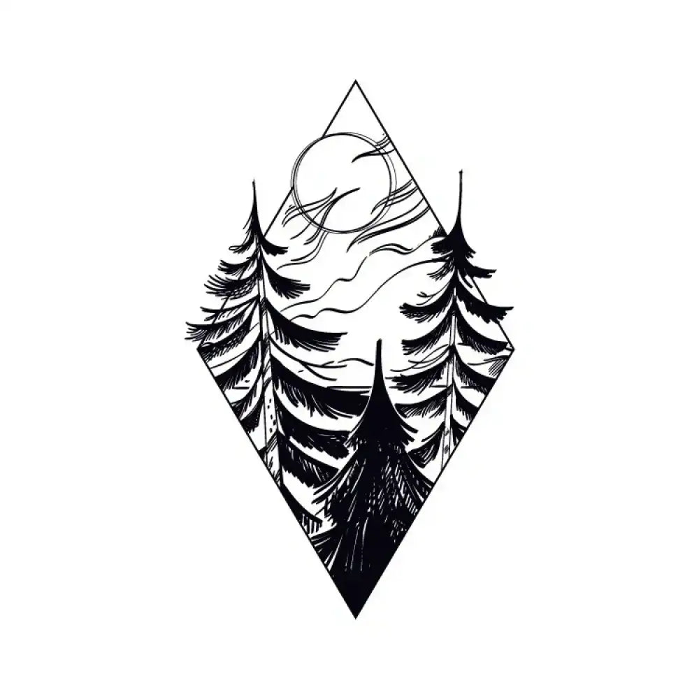 Stylized diamond tattoo design of black and white forest full moon with pine trees