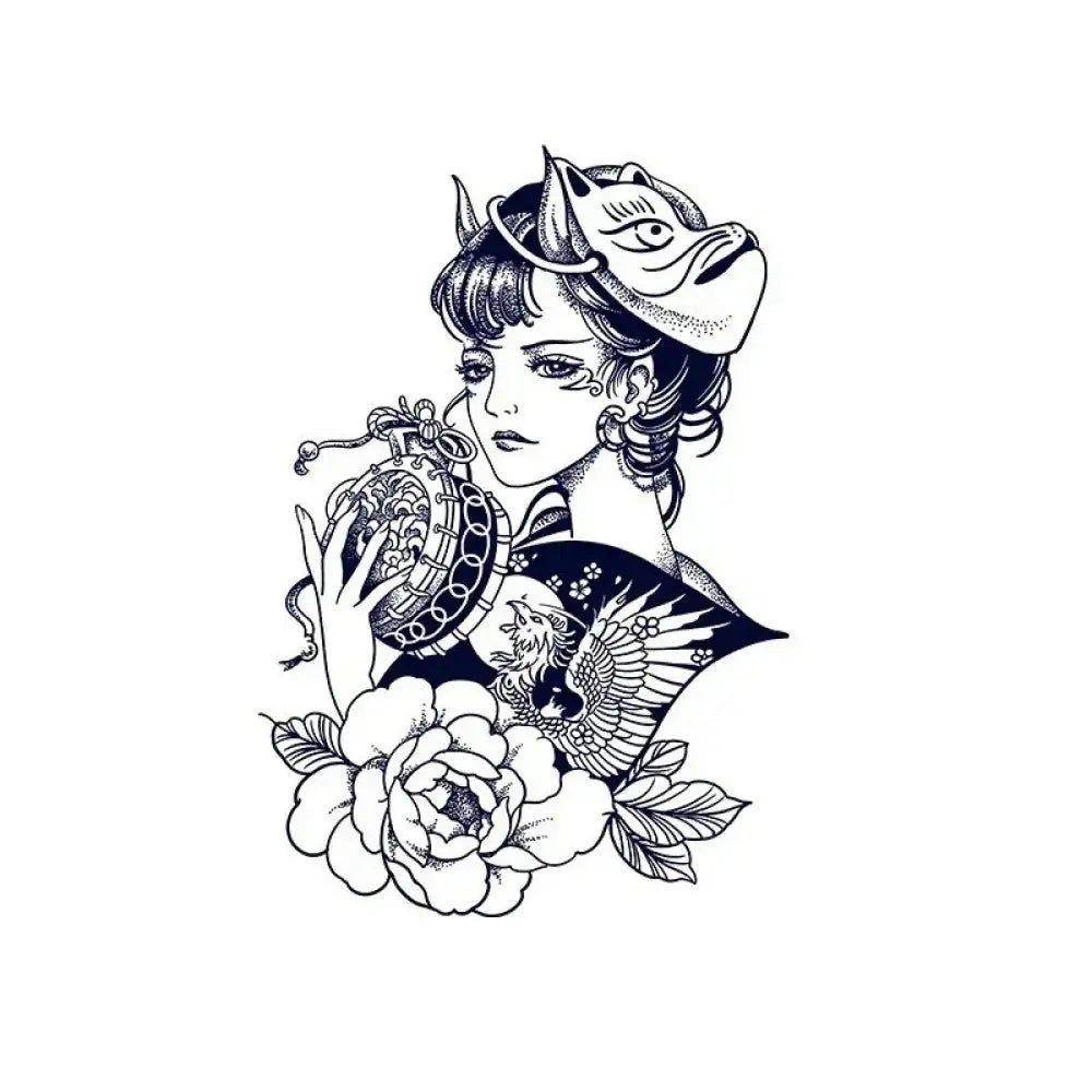 Black and white line art of a Girl with Fox Mask tattoo sticker featuring a patterned orb