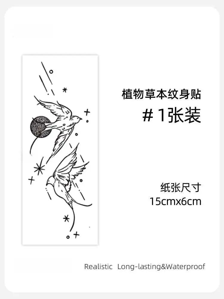 Black and white temporary tattoo with flying birds, moon, and stars in Happy Flying Birds design