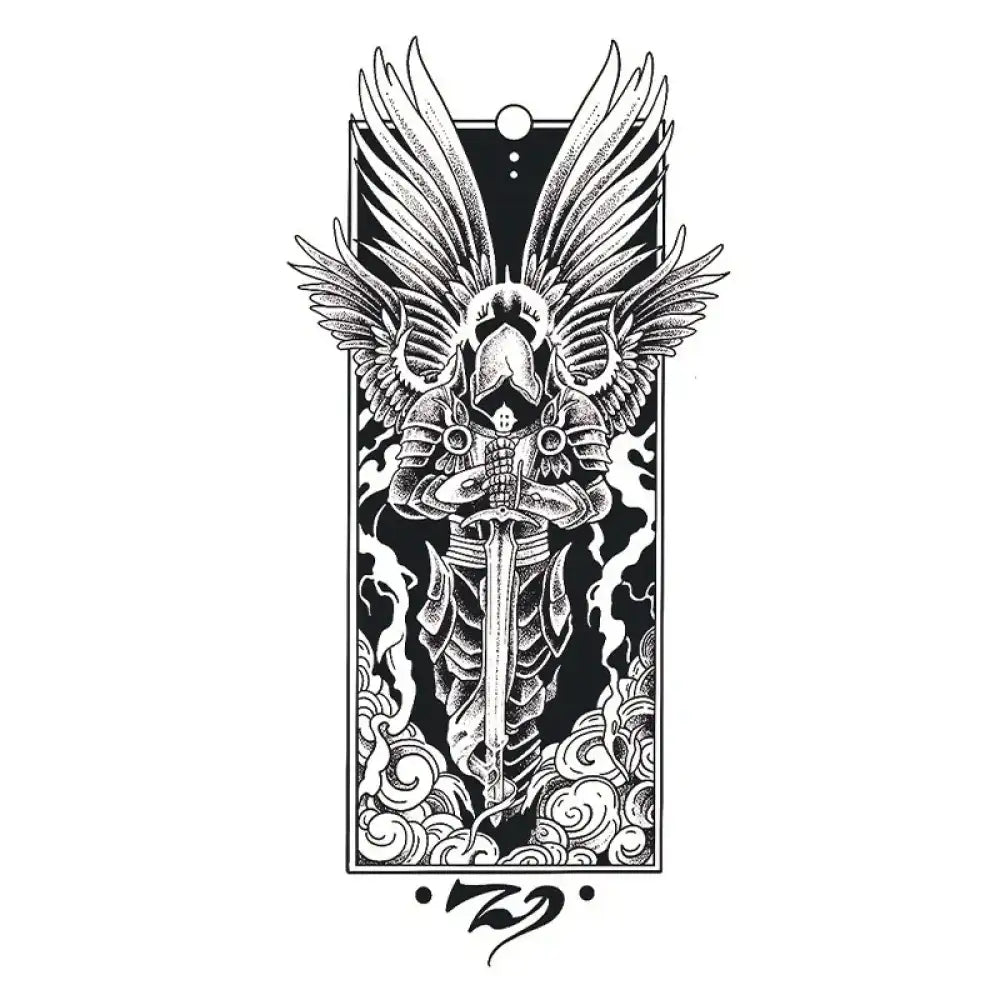 Black and white Holy Knight winged warrior in armor with sword tattoo sticker