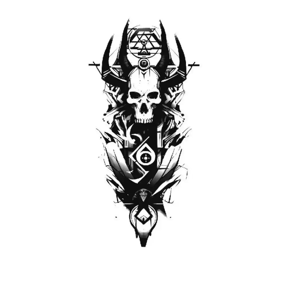 Stylized black and white horned skull totem with geometric patterns