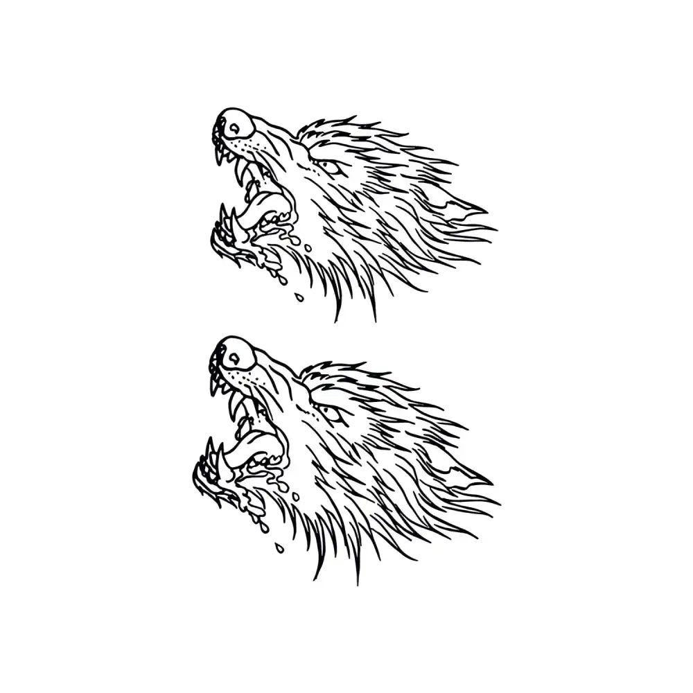 Two snarling hungry wolf heads in black line art for small tattoo sticker
