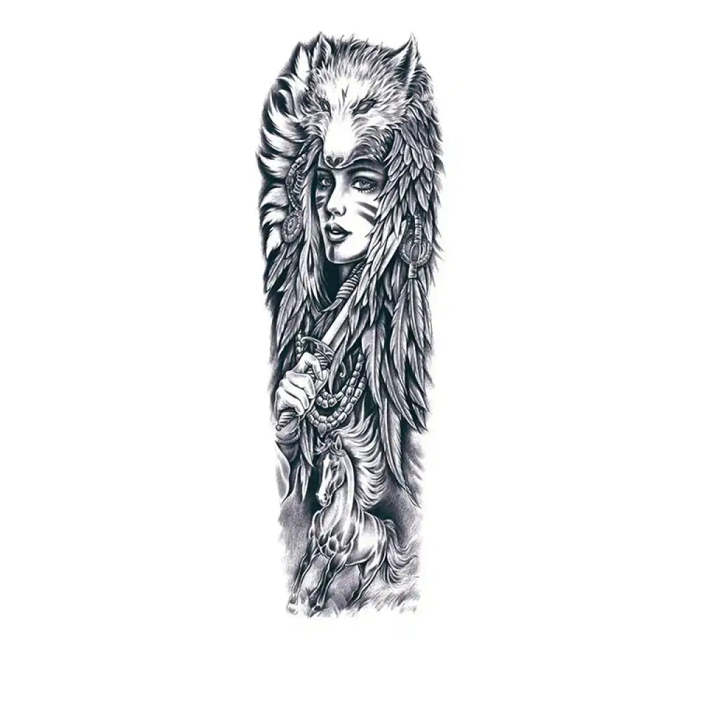 Black and white tattoo sleeve design of Huntress with wolf headdress and dagger