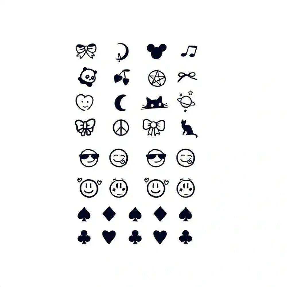 Black temporary tattoo sheet from the Icon Tattoo Set featuring cute symbols and emoticons