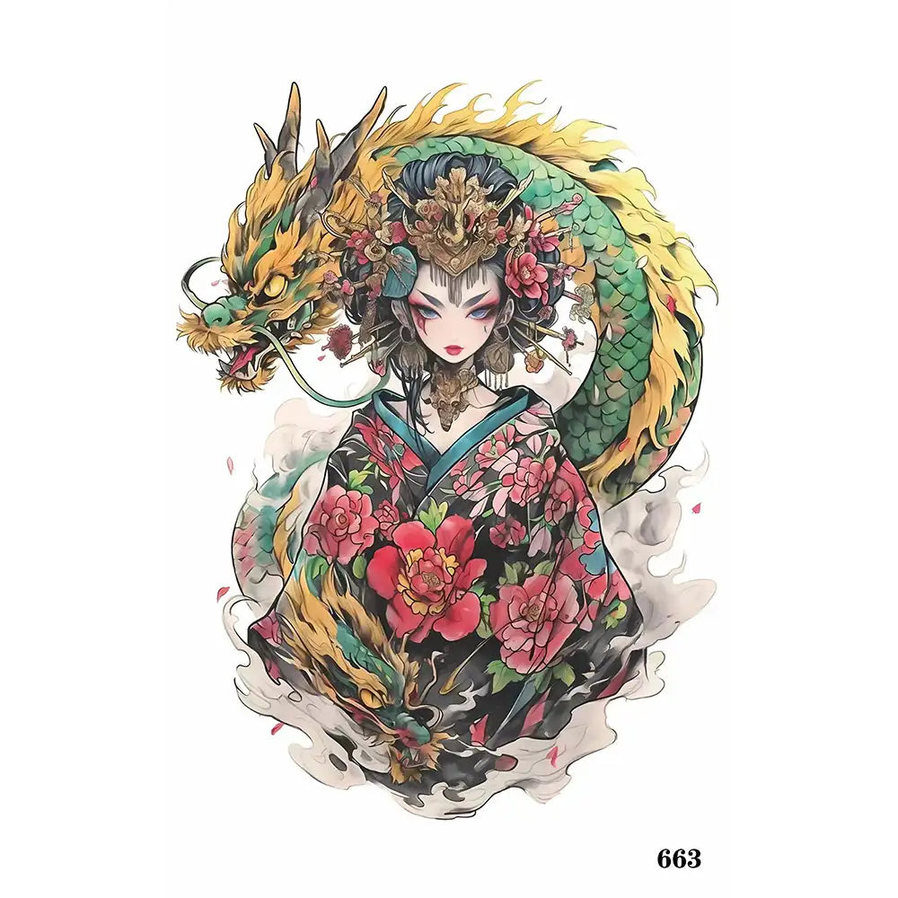 Dragon Empress kimono dress with vibrant floral patterns and intricate gold accents, perfect for small tattoos or tattoo stickers