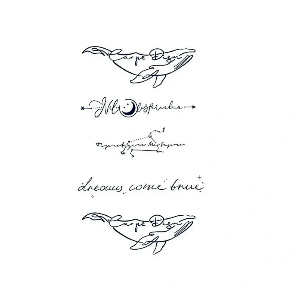 Set of five temporary tattoo stickers featuring inspirational quotes with whale and star designs
