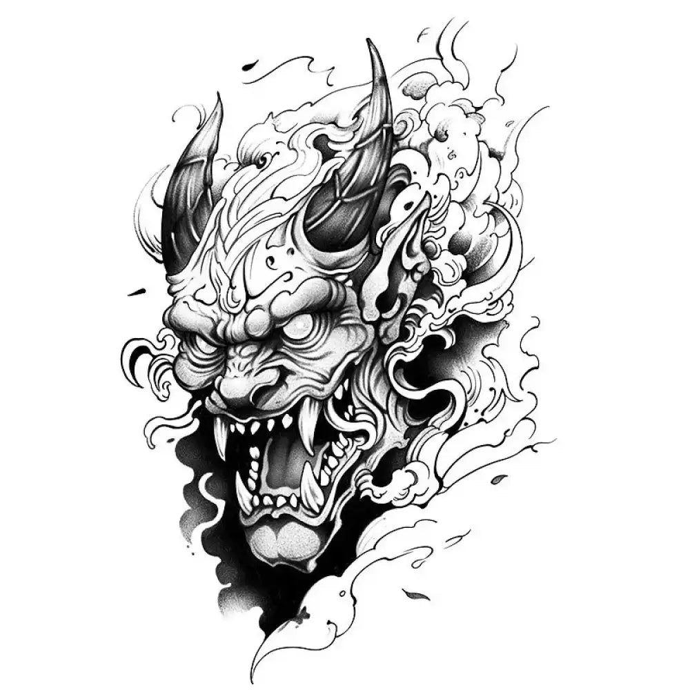 Japanese Oni black and white mask tattoo sticker design with horns and smoke