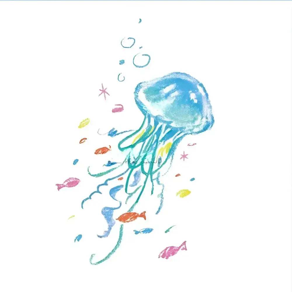 Watercolor Jellyfish Reverie tattoo sticker with flowing tentacles, colorful fish, bubbles
