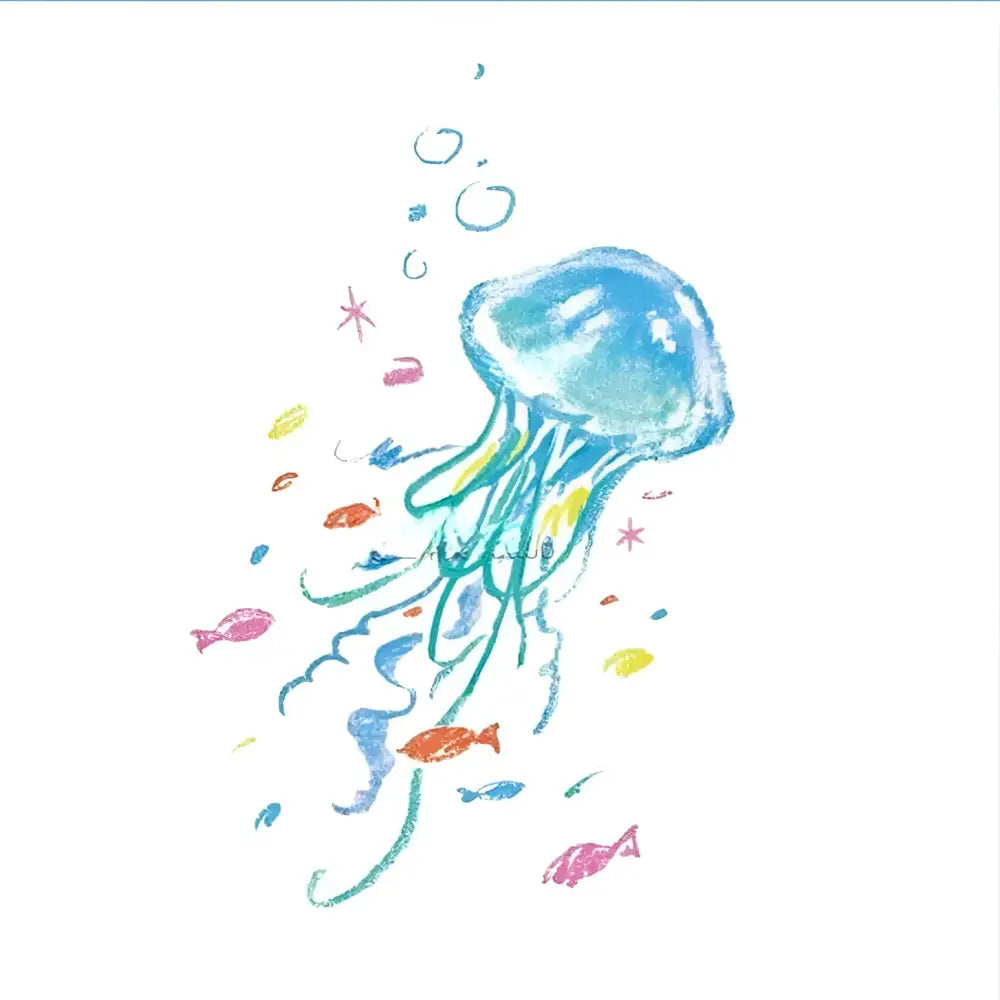 Watercolor Jellyfish Reverie tattoo sticker with flowing tentacles, colorful fish, bubbles