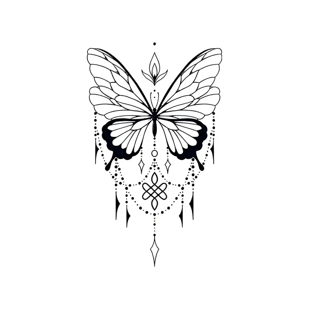 Jewelry Butterfly tattoo sticker with ornate chains and decorative elements in black and white