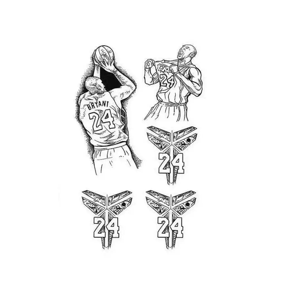 Black and white Kobe Bryant tribute tattoo set with signature logo and number 24