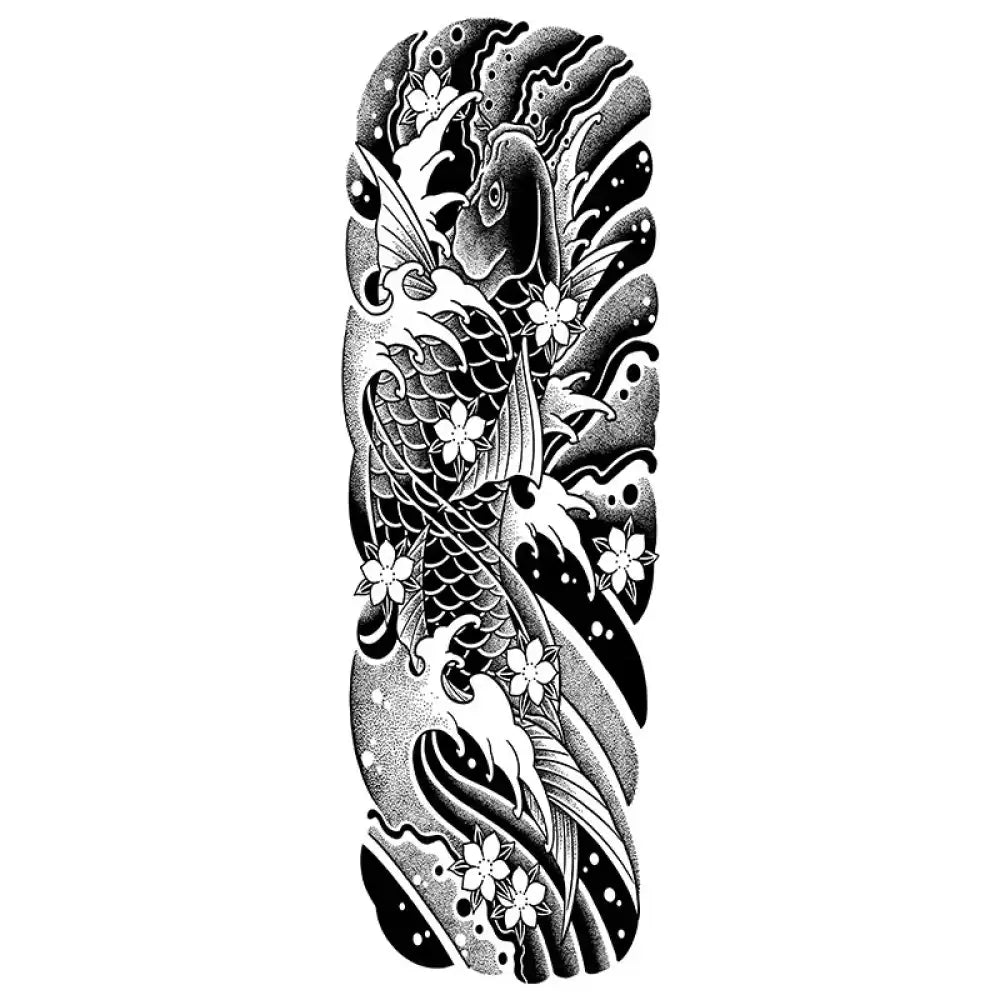 Black and white koi fish tattoo sticker design with cherry blossoms