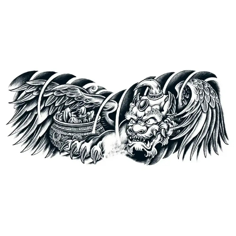 Kyrin Guards the Treasure black and white mythical creature small tattoo sticker design