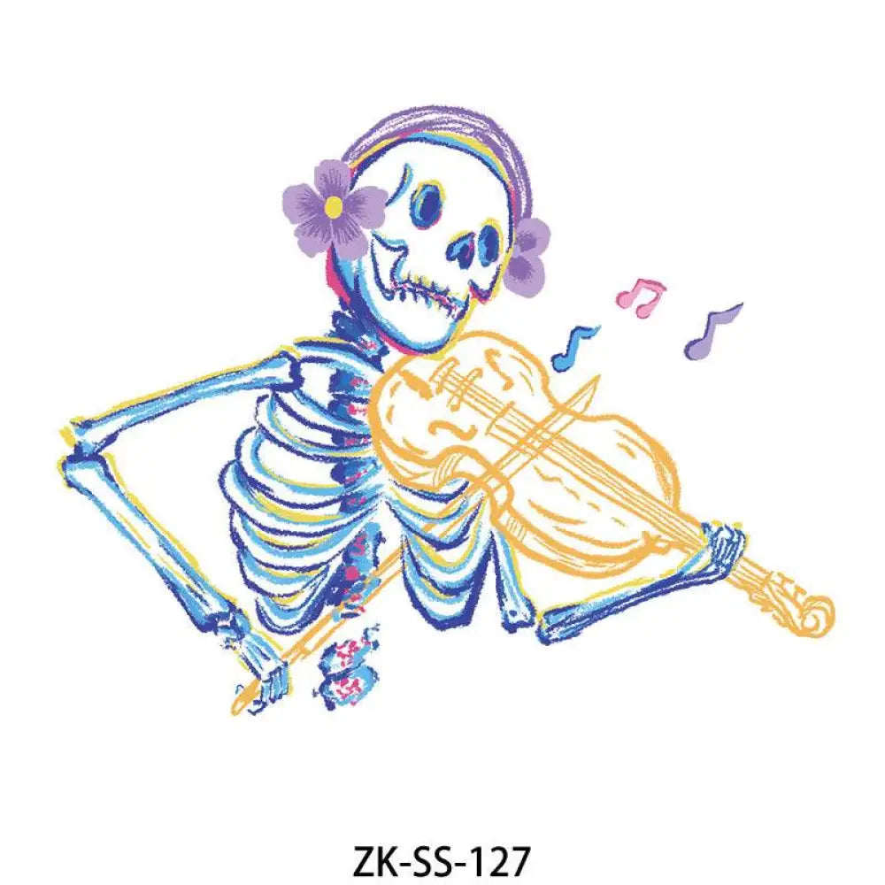 Latte Floral tattoo sticker featuring a colorful skeleton playing violin with purple flowers