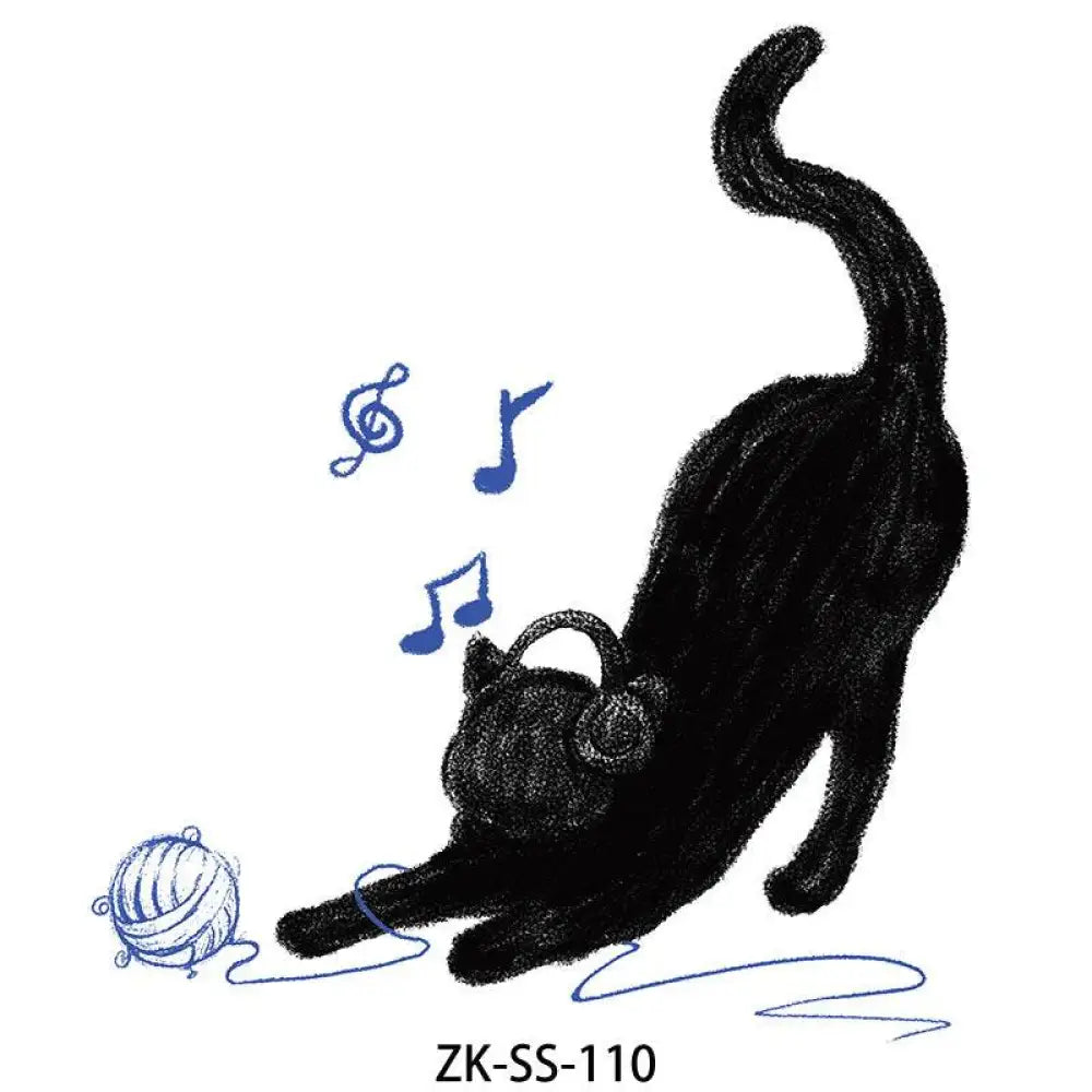 Black cat with headphones and yarn on Lavender Floral tattoo sticker, small tattoo design