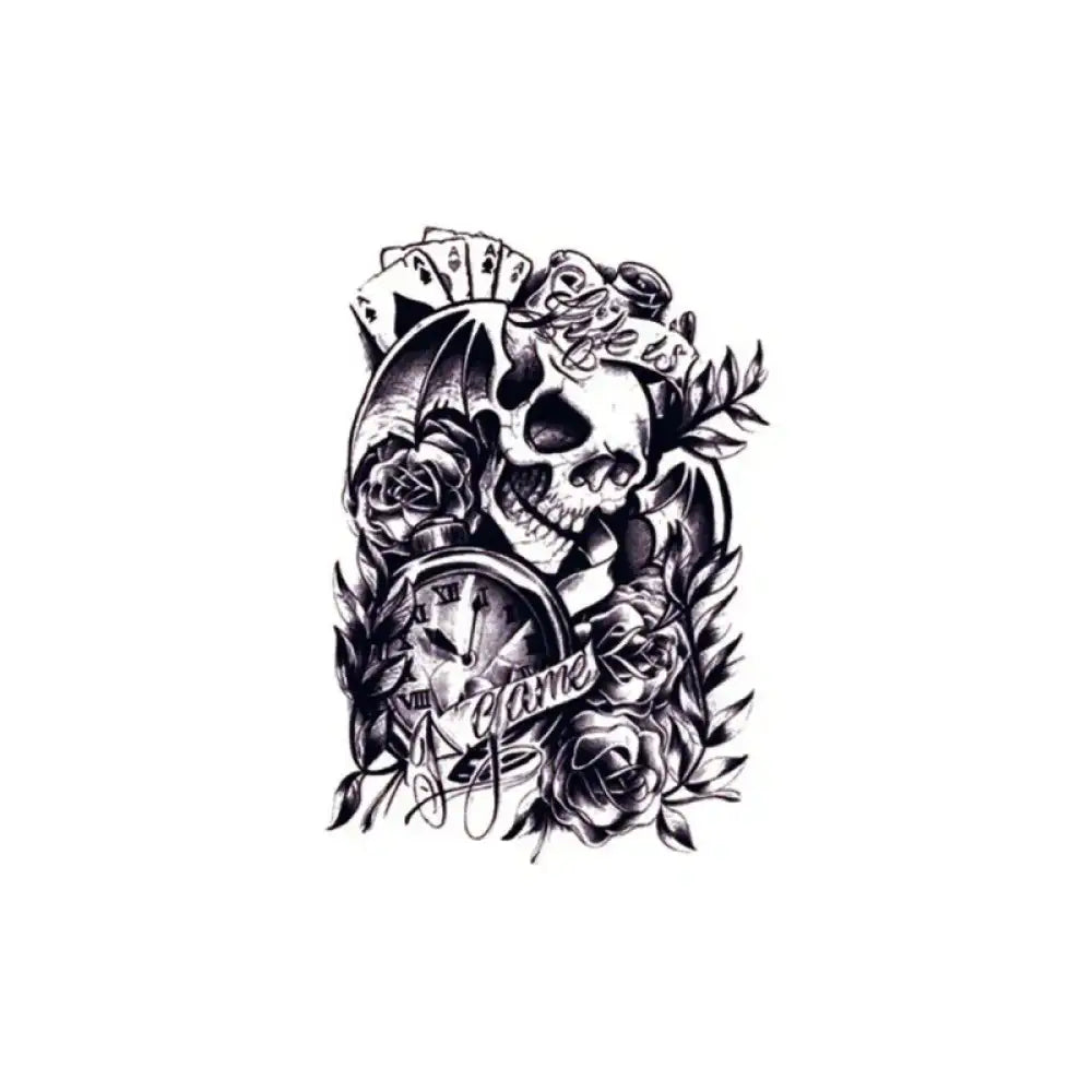 Black and white skull tattoo design with cards, roses, clock for Life is a Game