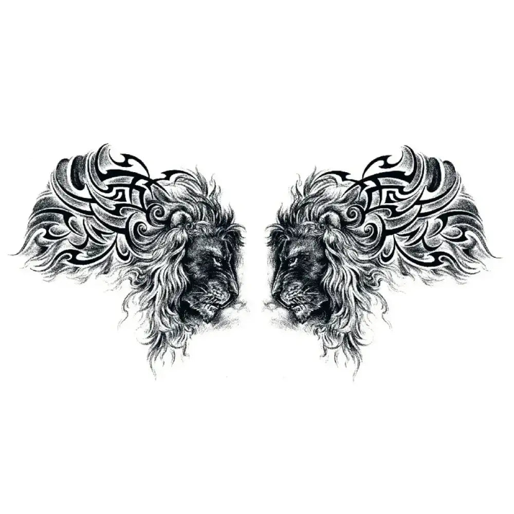 Mirrored black and white lion head tattoo designs with tribal wings for Lion’s Heart