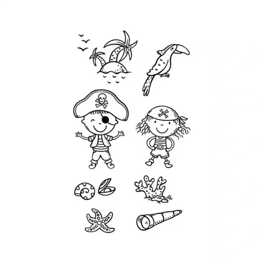 Little Pirates tattoo sticker designs: cartoon pirate kids, island, parrot, seashells
