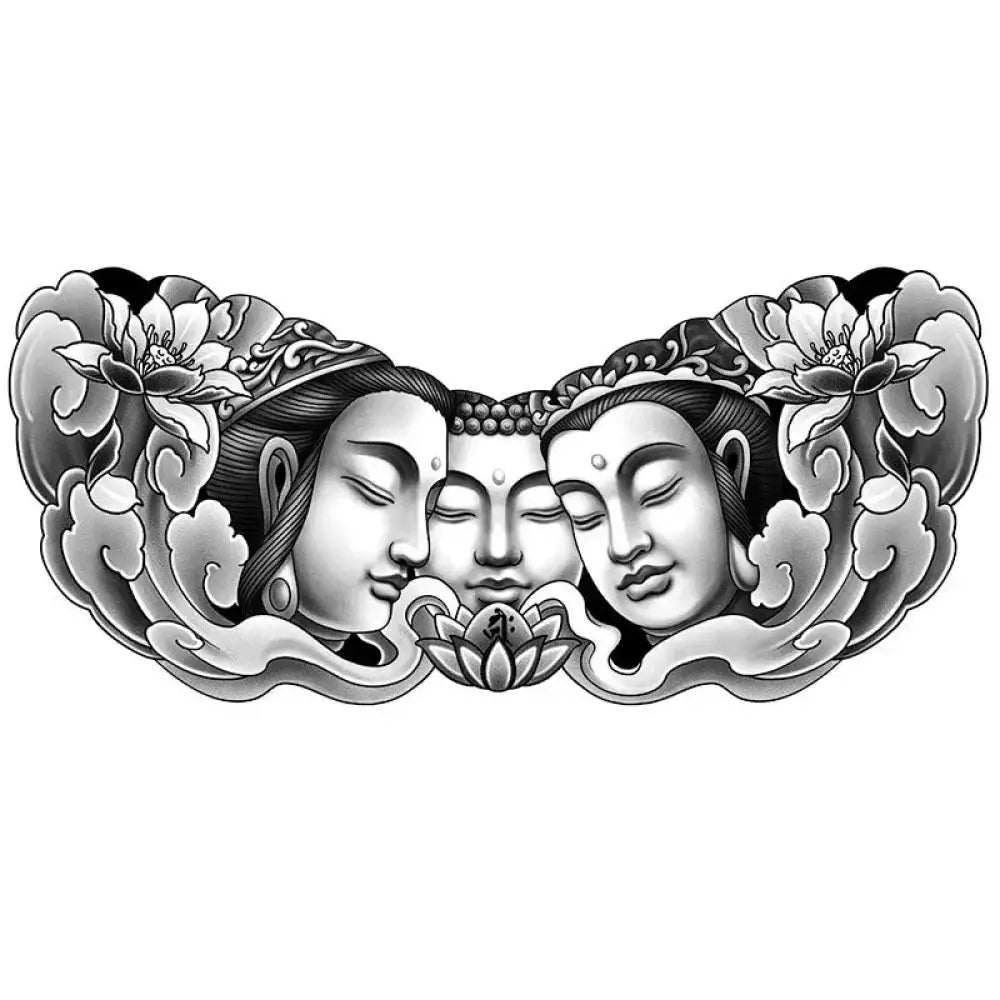 Lotus Buddha small tattoo sticker: serene black and white Buddha faces with lotus and clouds