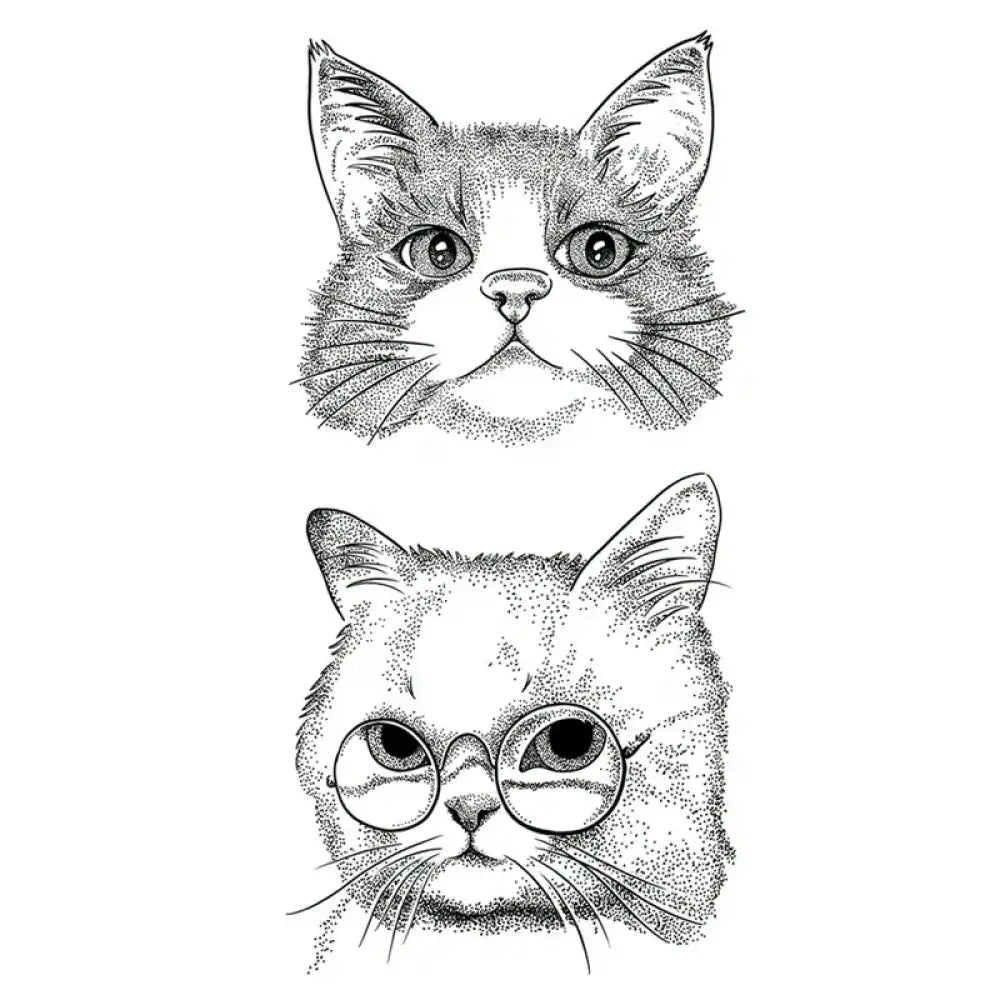 Stylized Love Cat tattoo sticker featuring two stippled cat heads, one with glasses