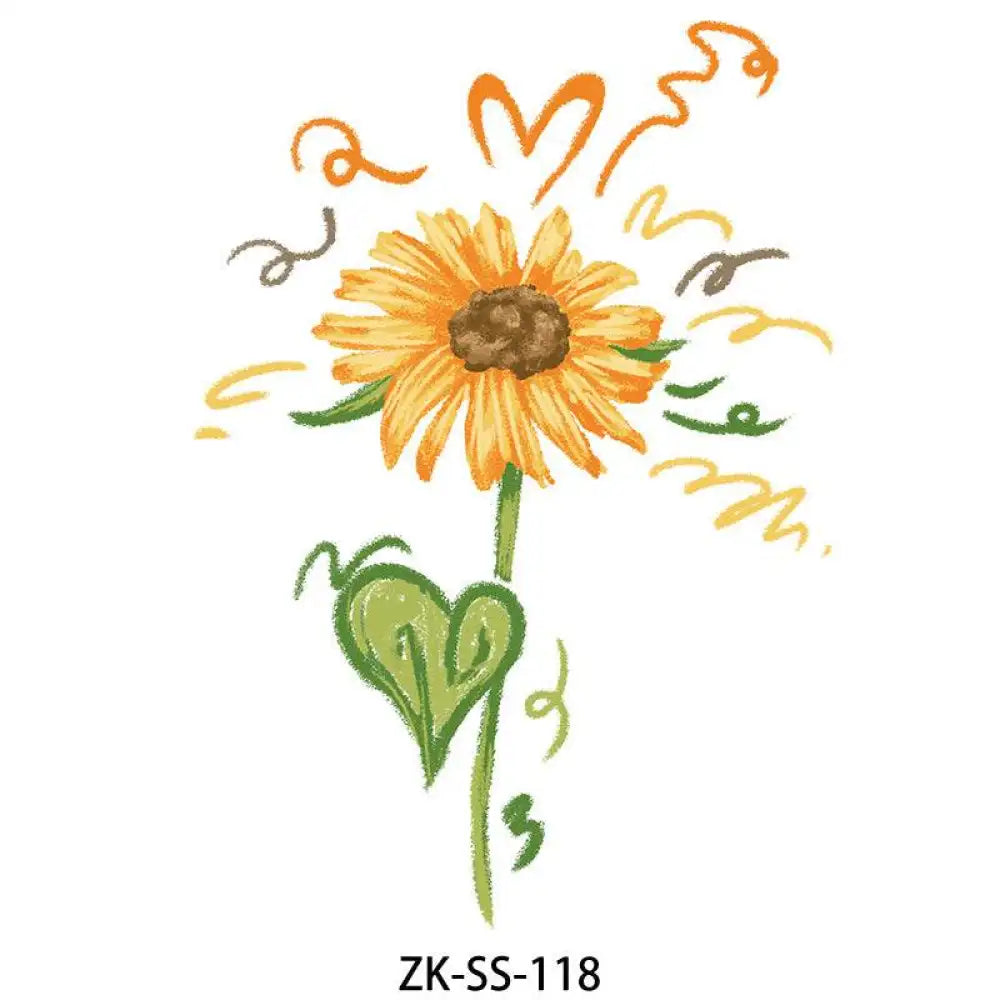 Magenta Floral tattoo sticker with vibrant sunflower design, heart-shaped leaves, and swirls