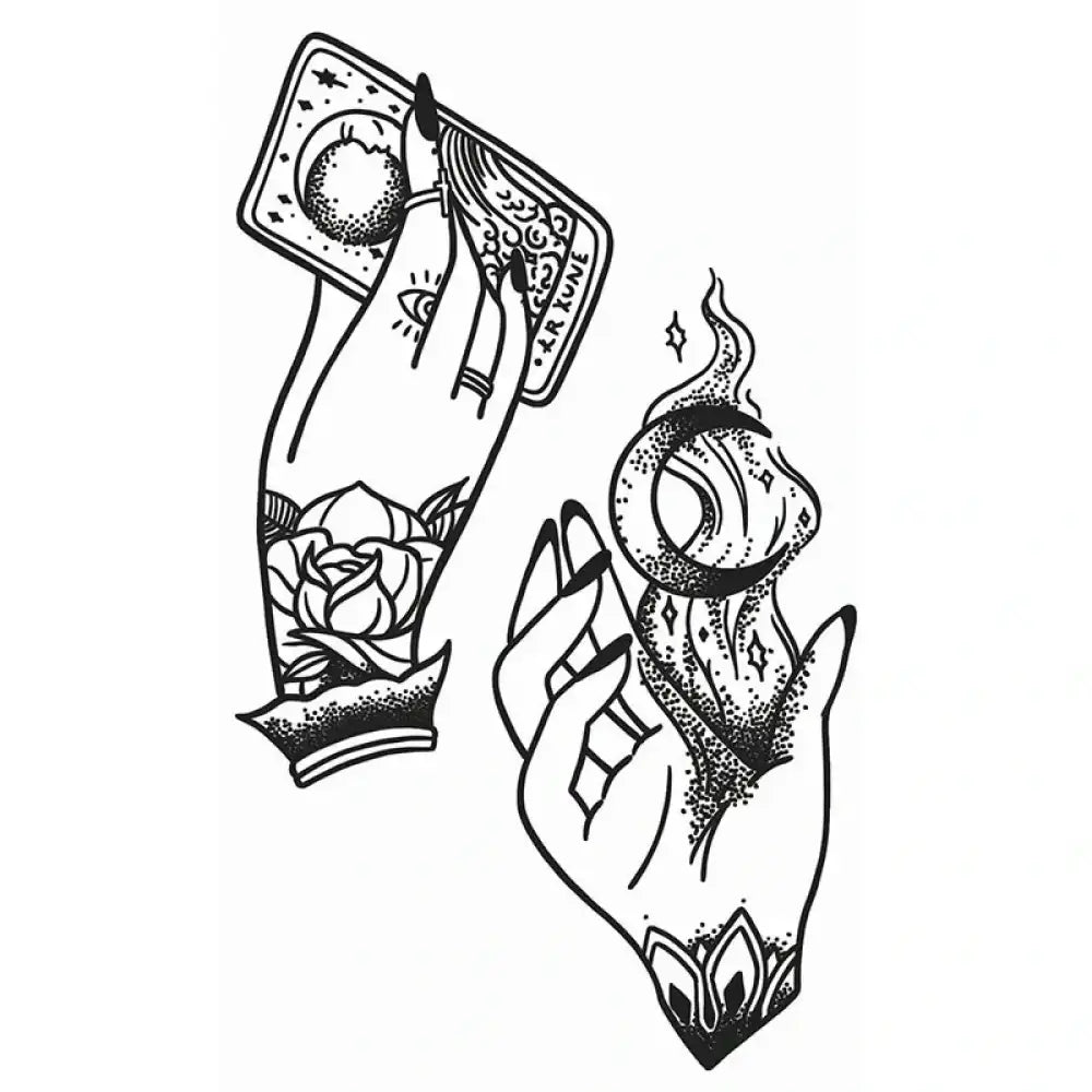Magic Hands tattoo sticker: hands with tarot card and mystical moon flame