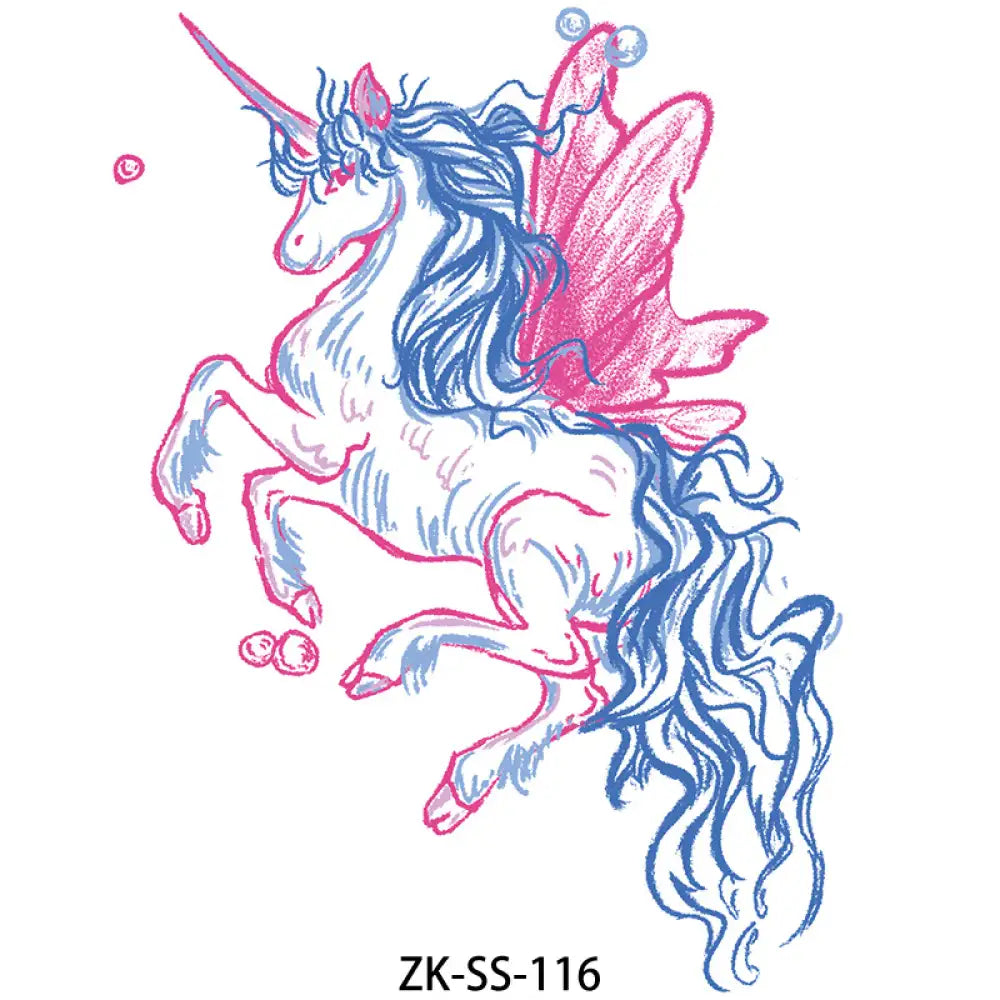 Whimsical winged unicorn tattoo sticker with pink wings, blue mane, and horn, Magical Winged 6.0x6.5cm