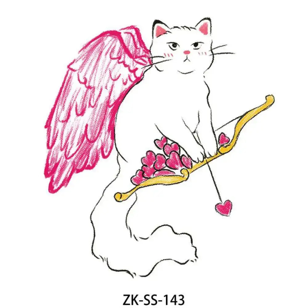 Mauve Floral tattoo sticker featuring a white cat with pink cupid wings and heart arrow