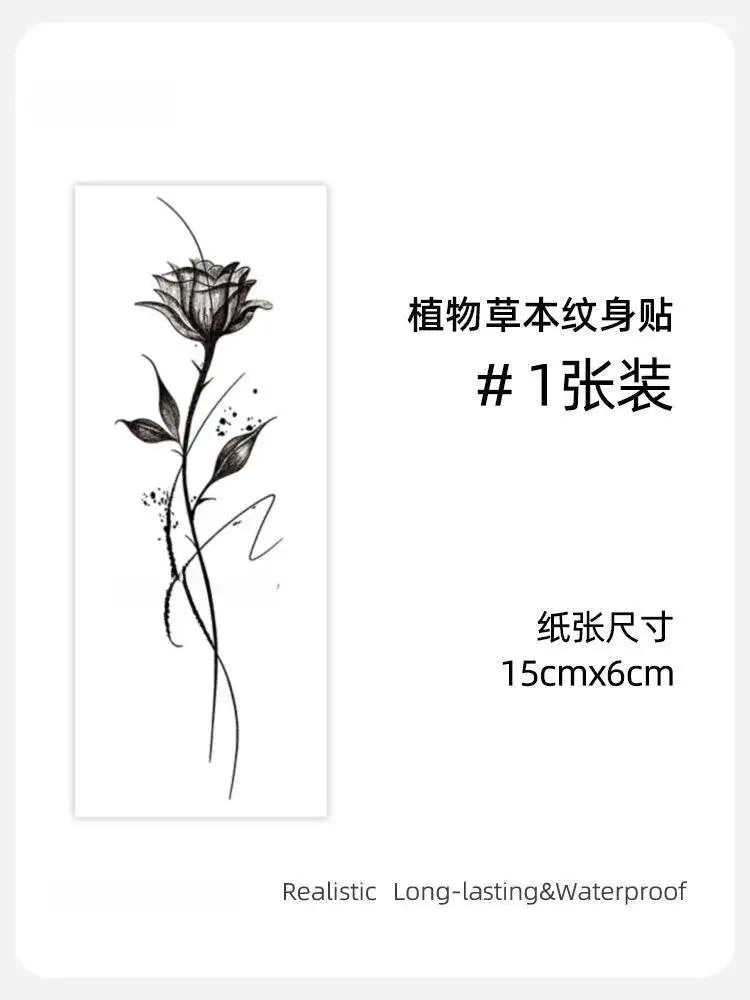 Small black rose temporary tattoo sticker with stem and leaves, May Bells design