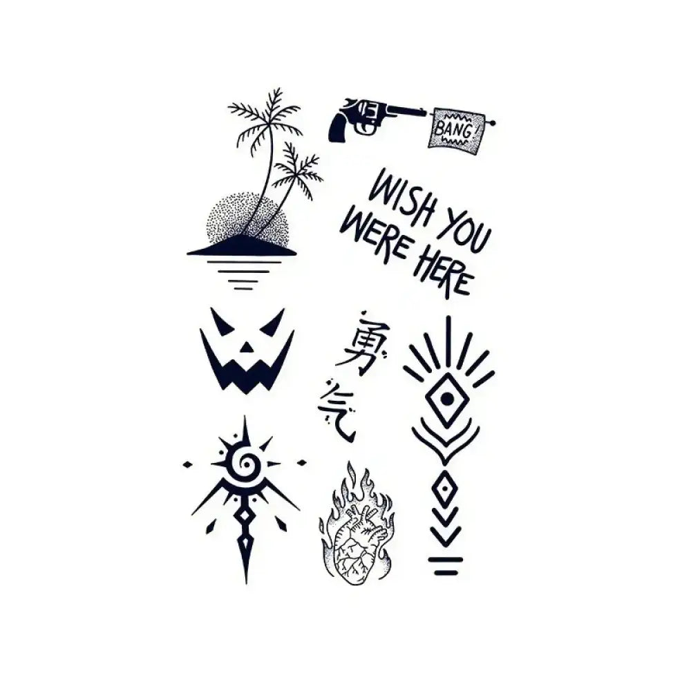 Sheet of black-ink mini flash icons temporary tattoos with various designs for creative body art