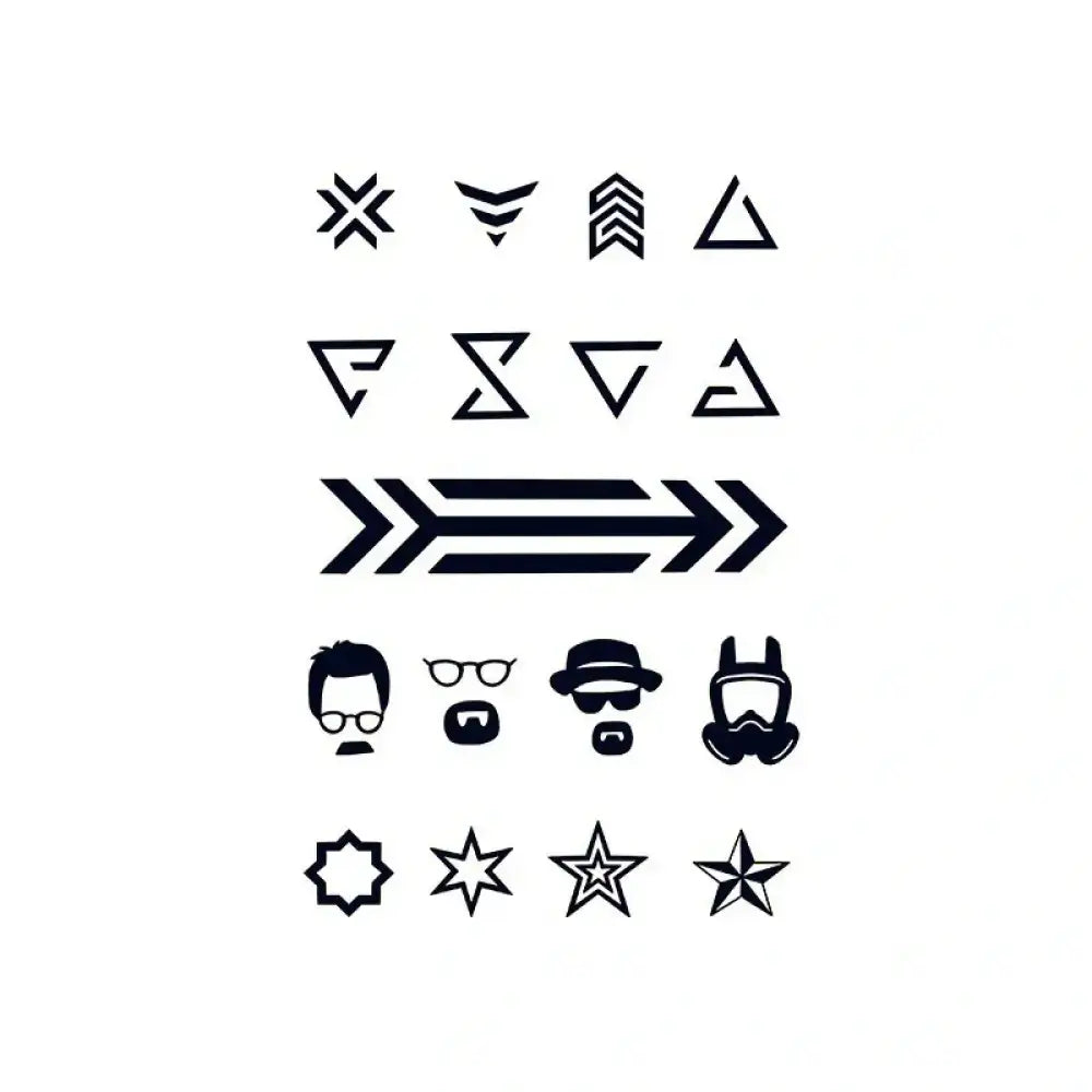 Black temporary tattoos sheet featuring minimalist icons set with geometric shapes and faces
