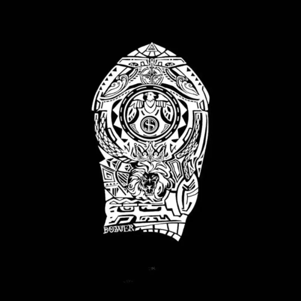 Black and white tribal lion temporary tattoo sticker sleeve design, Money and Power, 15x8cm