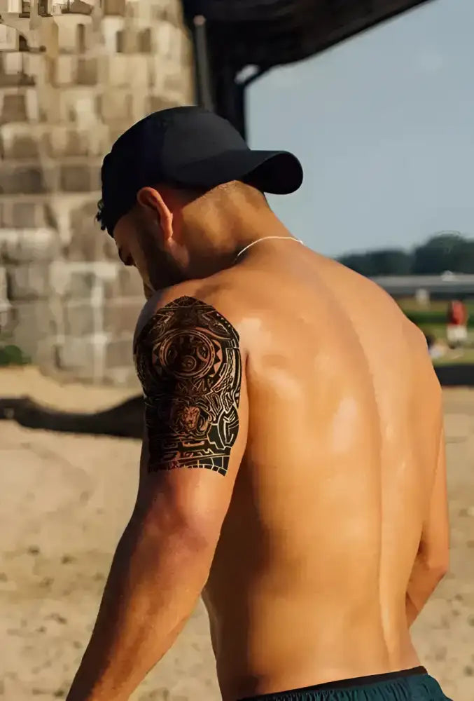 Black adjustable cotton baseball cap with tribal lion temporary tattoo sticker logo