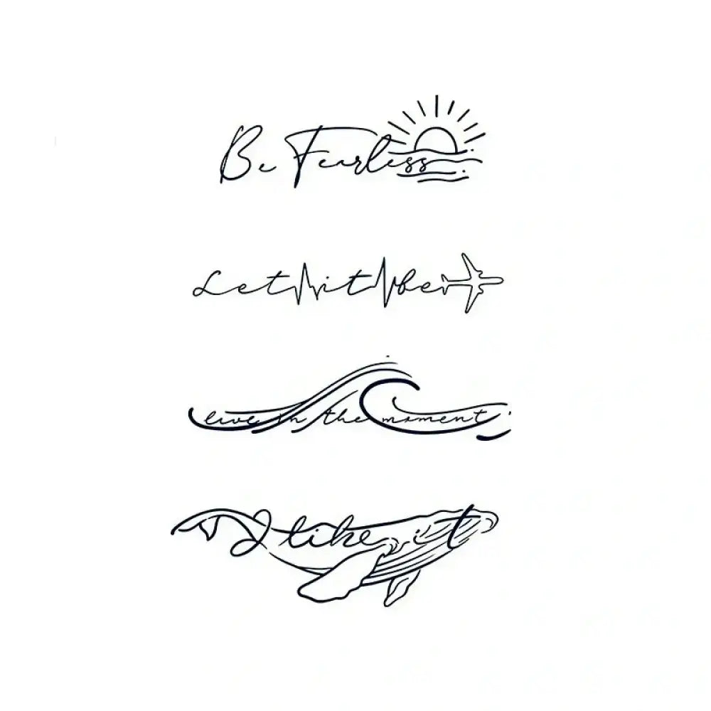 Four simple line-art tattoo sticker designs from the Motivational Quote Set featuring travel and ocean themes