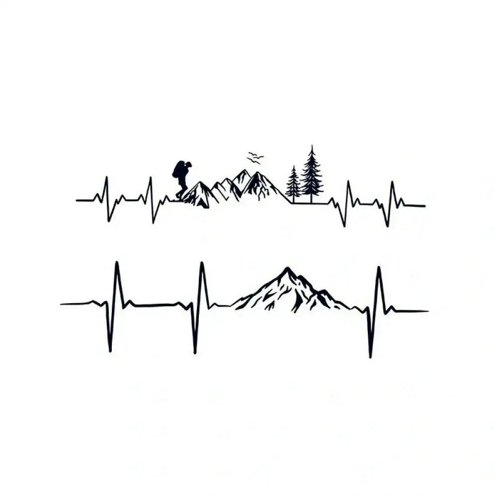 Black line art mountain heartbeat tattoo sticker featuring hiker, trees, and peaks design