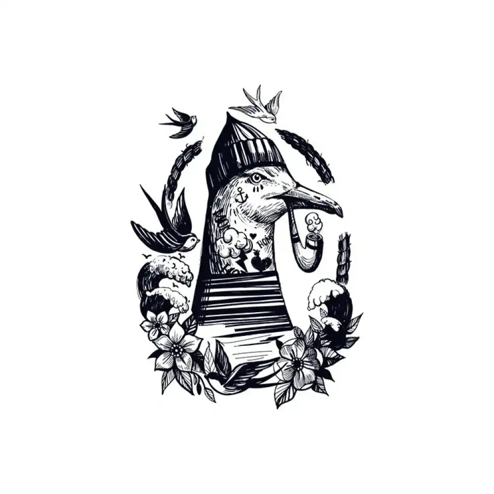 Mr. Seagull tattoo sticker: dapper seagull in beanie and stripes smoking pipe