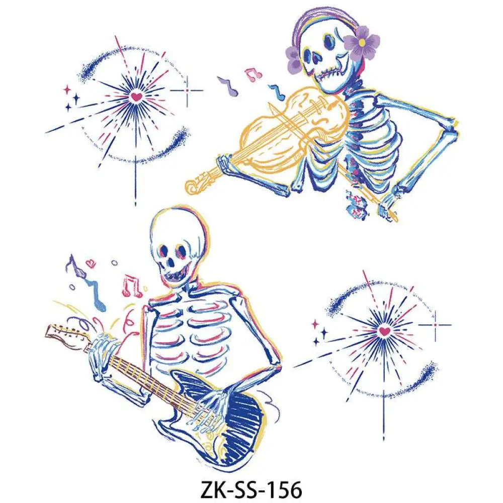 Multicolor floral tattoo sticker sheet featuring musical skeleton temporary tattoos, small tattoo design