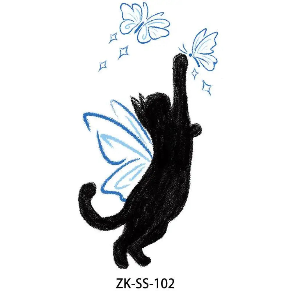 Navy floral tattoo sticker featuring a black cat with blue fairy wings reaching for blue butterflies