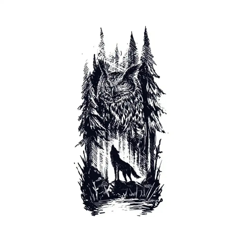 Intricate black and white night owl and wolf tattoo sticker design