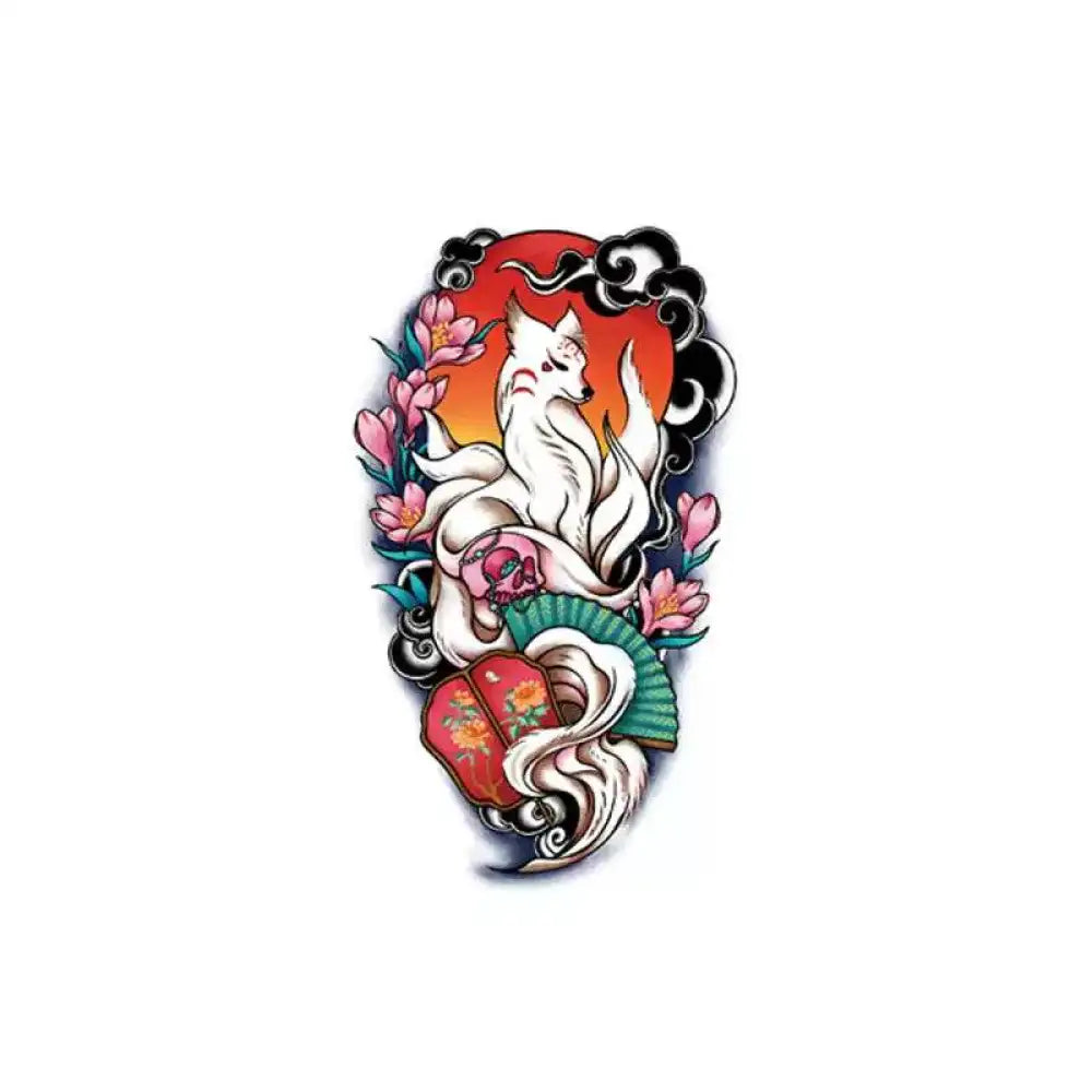 Colorful kitsune tattoo sticker with flowers, fan, and red sun from Mystical Fox collection