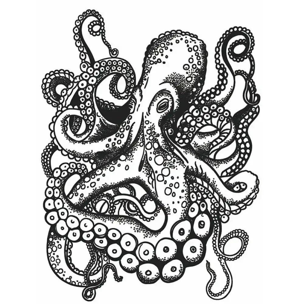 Black and white line drawing of octopus tattoo sticker with textured suckers