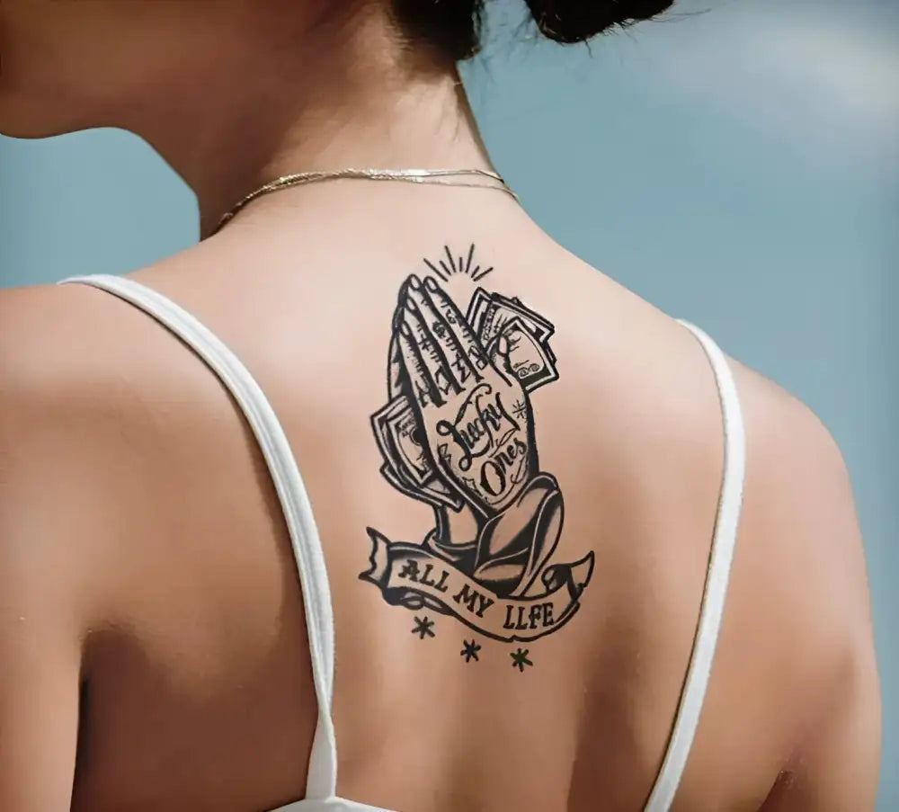 OldSchool semi-permanent tattoo sticker: small tattoo design on white tank top, 16x8cm