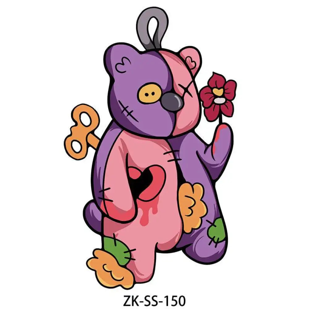 Orange Floral distressed teddy bear keychain with stitches, bleeding heart, and red flower