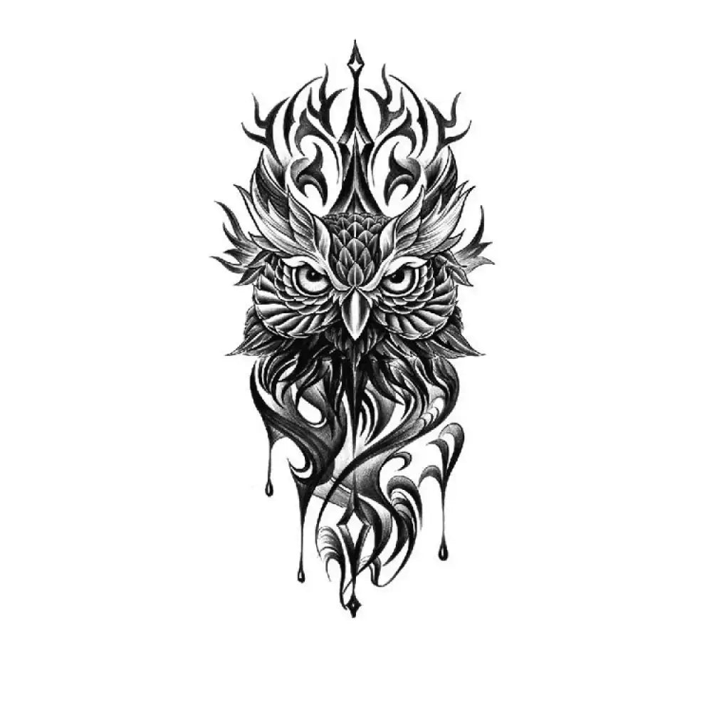 Ornate Owl Totem: Stylized Black and White Tattoo Sticker Design